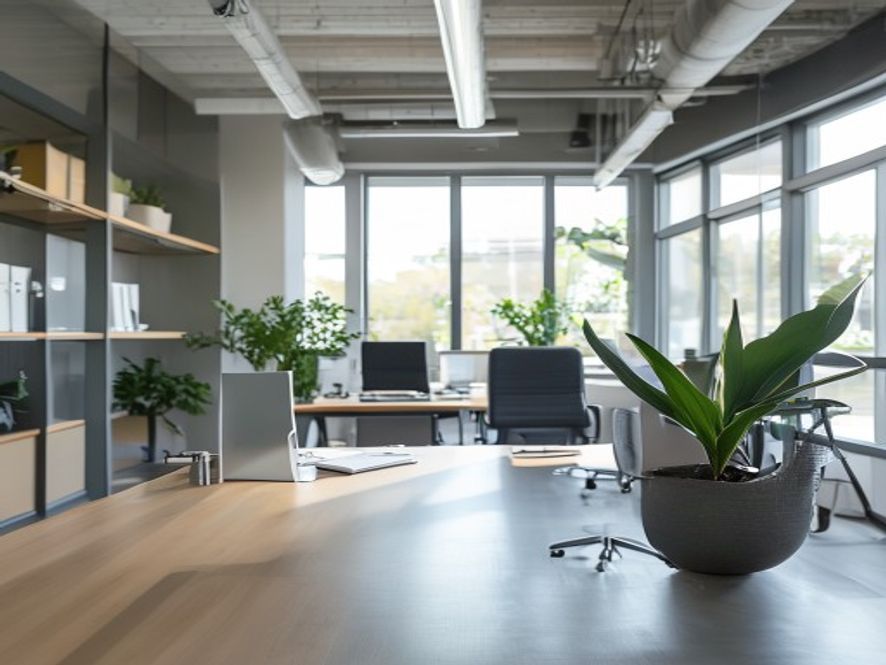 Moderne arbejdsplads kontorrum med naturligt lys og ergonomisk indretning
